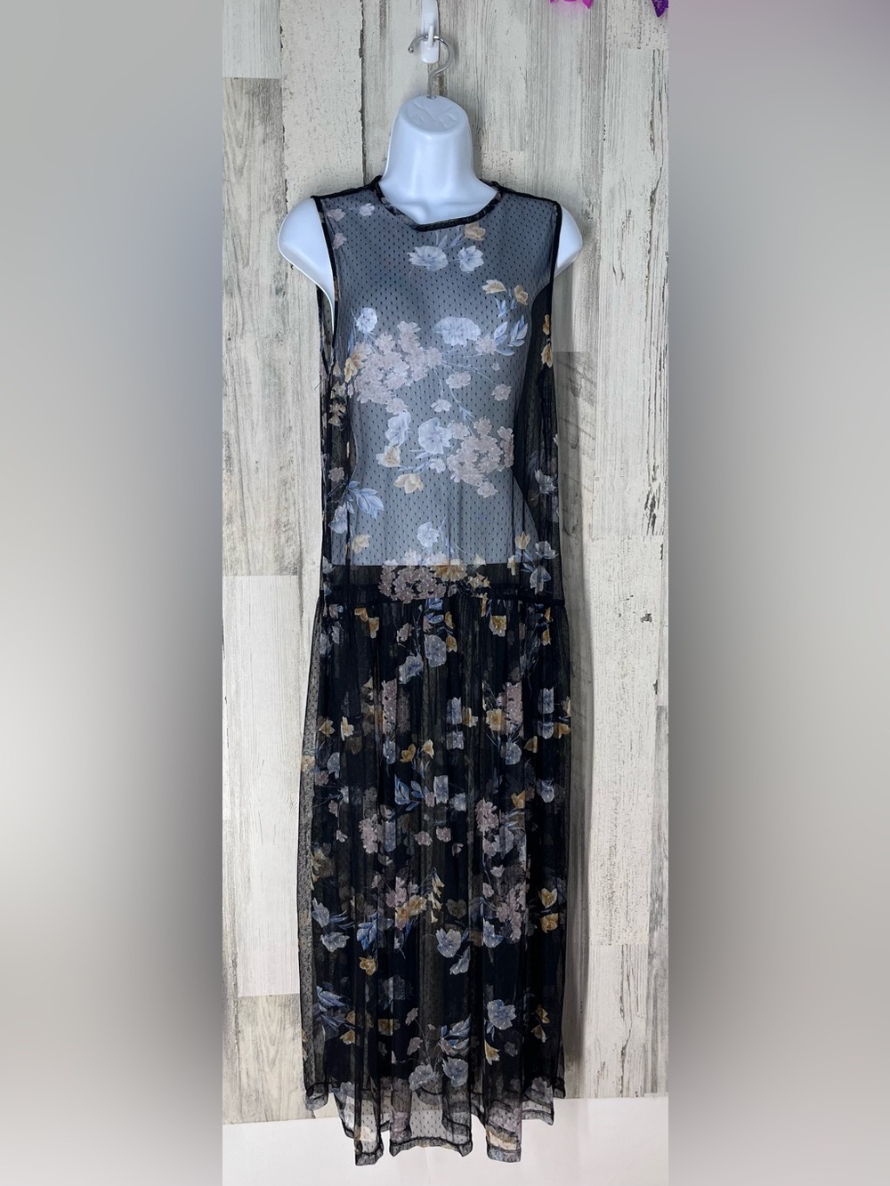 L.I.F.E Sleeveless Black Floral Mesh Sheer Maxi Dress Small